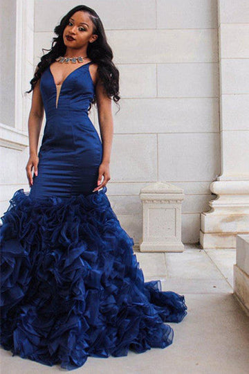 V-NECK PROM PARTY GOWNS| RUFFLES MERMAID EVENING DRESS HZ1023